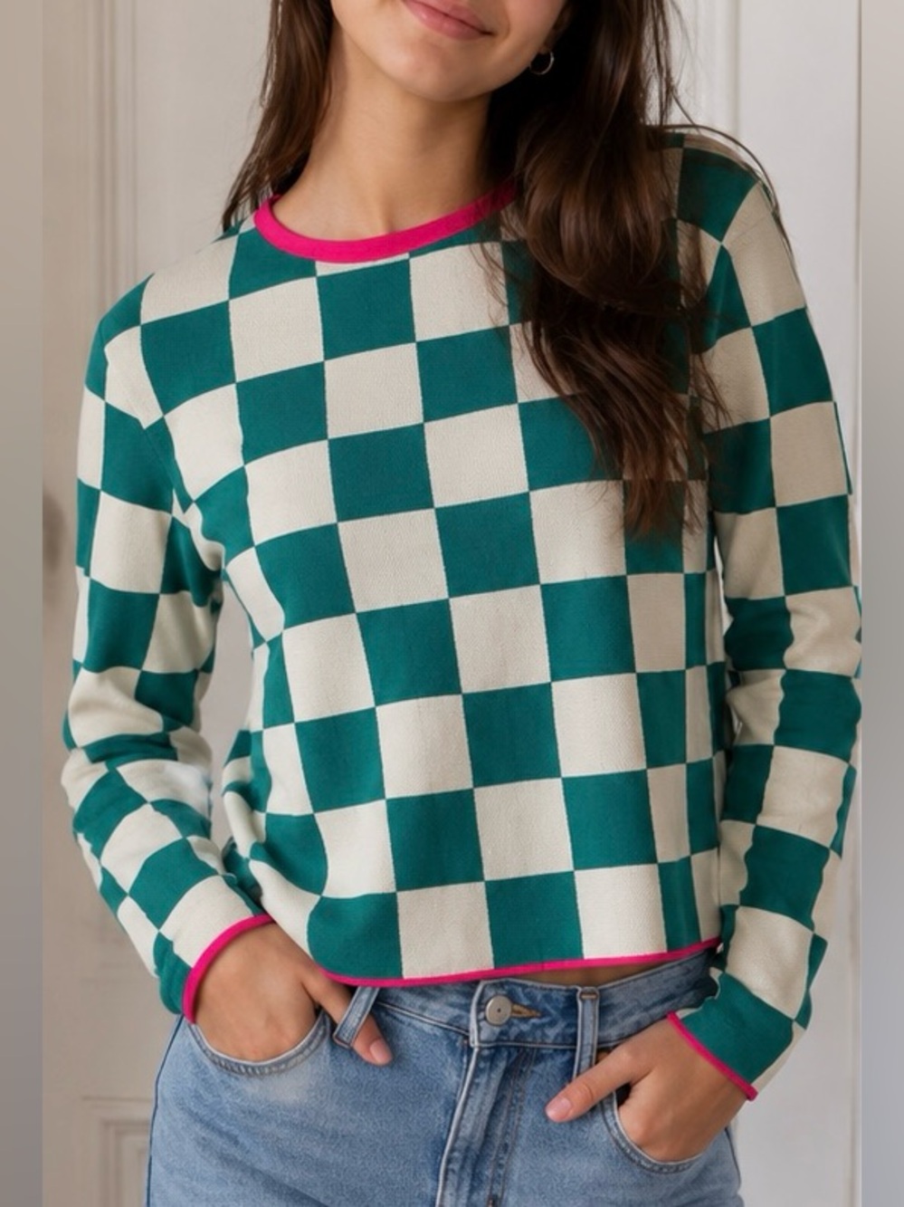 Zara Teal and Cream Checkerboard Sweater with Pink Trim